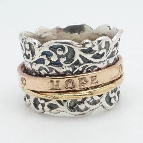 STERLING SILVER GOLD PLATED FAITH HOPE LOVE SPINNER WIDE BAND RING SIZE 7.25 (1 of 2)
