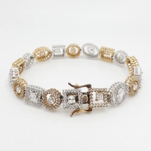 FAS STERLING SILVER TWO TONE GEOMETRIC CZ CUBIC ZIRCONIA CHAIN BRACELET 7.25" (1 of 2)