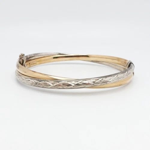 STERLING SILVER 14K GOLD FILLED TWO TONE TWIST HINGED BANGLE BRACELET 7.75" (1 of 2)