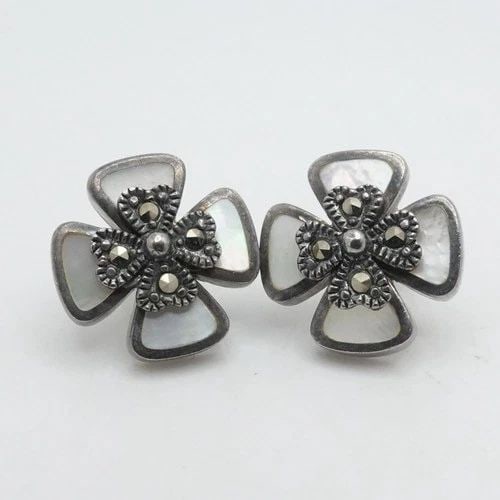 STERLING SILVER MOTHER OF PEARL INLAY MARCASITE CROSS STUD EARRINGS: STERLING SILVER MOTHER OF PEARL INLAY MARCASITE CROSS STUD EARRINGS Sterling Silver Mother of Pearl Inlay & Marcasite Cross Stud Earrings Length - 0.60 Thickness - 4mm Total Weight - 6Grams