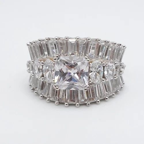 FZN STERLING SILVER PRINCESS CUT CLEAR CZ CUBIC ZIRCONIA WIDE RING SIZE 7.25 (1 of 2)
