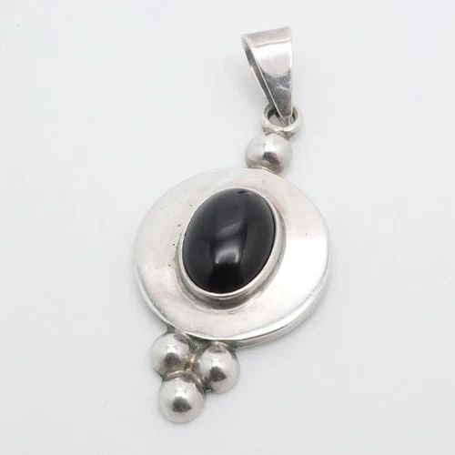 CII STERLING SILVER MEXICO OVAL BLACK ONYX PENDANT 2" (1 of 2)