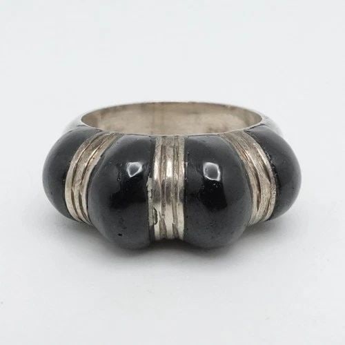 STERLING SILVER BLACK ENAMEL PUFFED DOME RING SIZE 5.75 (1 of 2)
