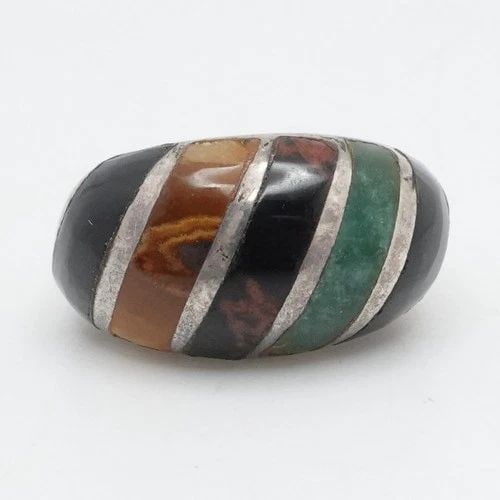 STERLING SILVER MEXICO MULTI GEMSTONE INLAY STRIPE DOME RING SIZE 5.5 (1 of 2)