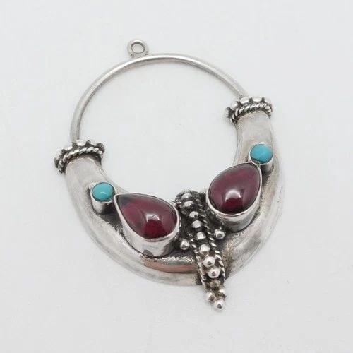 STERLING SILVER GARNET & TURQUOISE BALI STYLE PENDANT 1.75" (1 of 2)