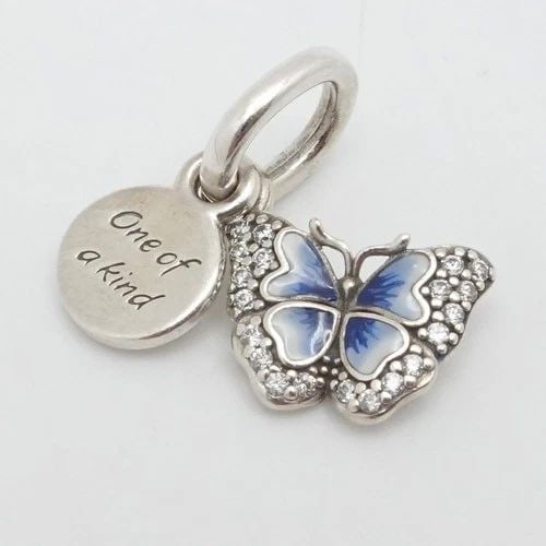 PANDORA STERLING SILVER ENAMEL BLUE BUTTERFLY ONE OF A KIND QUOTE DANGLE CHARM (1 of 2)