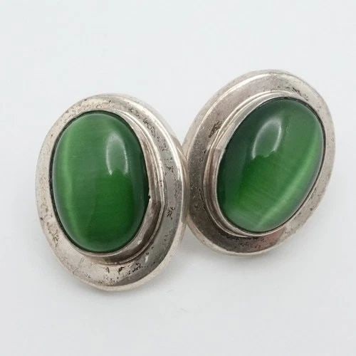 TAXCO STERLING SILVER CABOCHON CHRYSOBERYL CAT EYE EARRINGS (1 of 2)