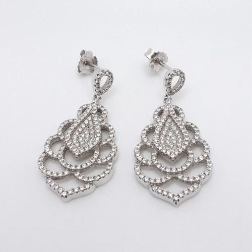 STERLING SILVER PAVE CLEAR CZ CUBIC ZIRCONIA DANGLE EARRINGS 1.5" (1 of 2)