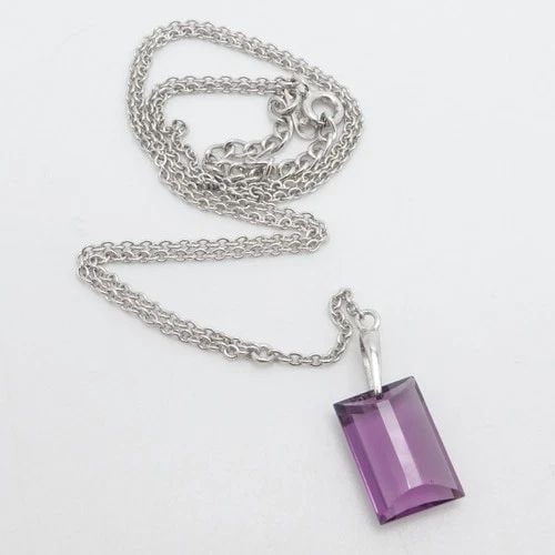 STERLING SILVER FACETED AMETHYST RECTANGLE FLOATING PENDANT CHAIN LINK NECKLACE: STERLING SILVER FACETED AMETHYST RECTANGLE FLOATING PENDANT CHAIN LINK NECKLACE Signed SX Sterling Silver Faceted Amethyst Rectangle Floating Charm Pendant Chain Link Necklace Length - 18" - 19.75" Lo