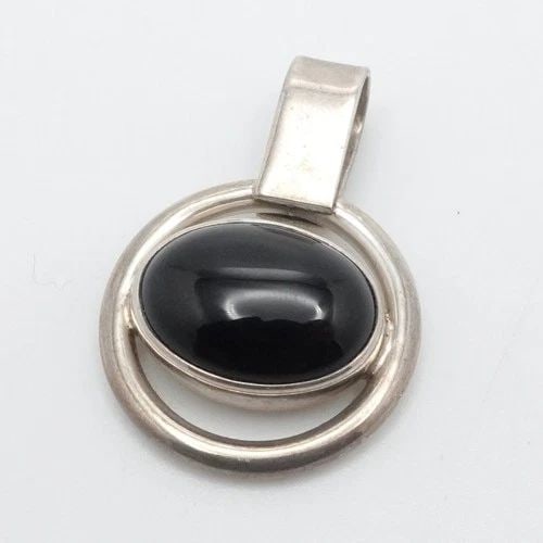 STERLING SILVER OVAL BLACK ONYX PENDANT 1.4" (1 of 2)
