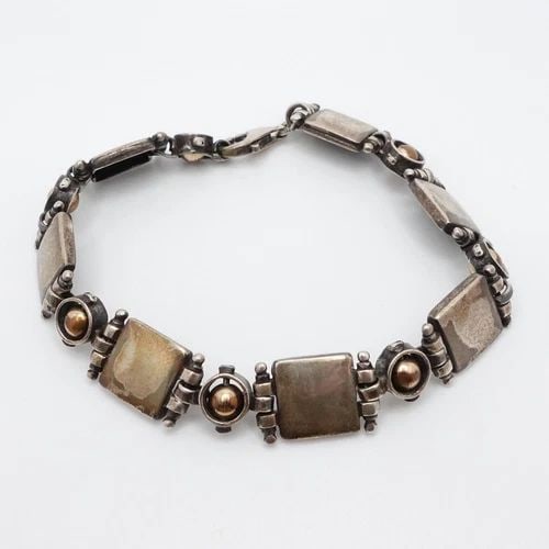 STERLING SILVER SQUARE & ROUND 11MM PANEL LINK CHAIN BRACELET - 7.75" LONG (1 of 2)