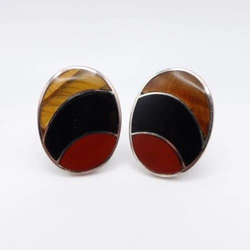 SILVER 950 PERU MULTI GEMSTONE OVAL CLIP-ON STUD EARRINGS 1" (1 of 2)