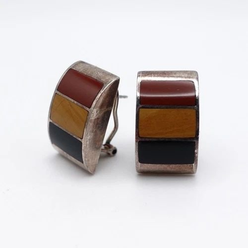 SILVER 950 PERU MULTI GEMSTONE RECTANGLE CLIP-ON STUD EARRINGS 3/4" (1 of 2)