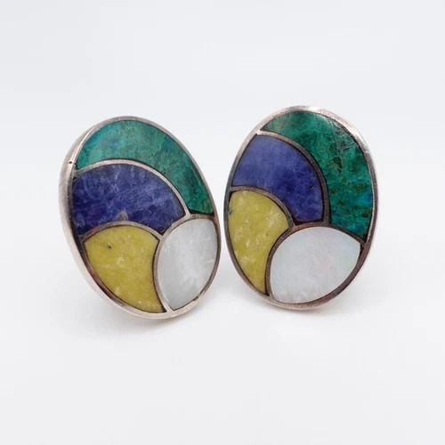 SILVER 950 PERU MULTI GEMSTONE OVAL CLIP-ON STUD EARRINGS 1" (1 of 2)