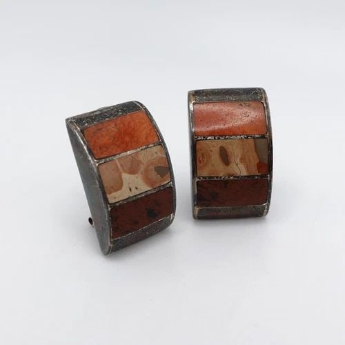 SILVER 950 PERU BROWN GEMSTONE CLIP-ON STUD EARRINGS - .75" (1 of 2)