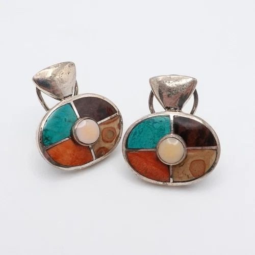 MF SILVER 950 PERU MULTI GEMSTONE CLIP ON STUD EARRINGS 1" (1 of 2)