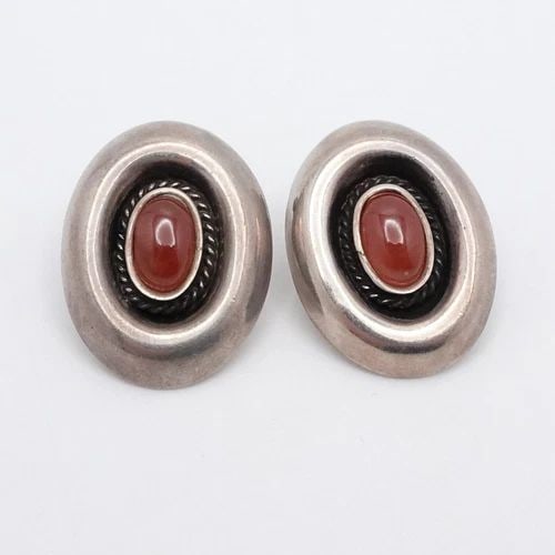 OP SILVER 950 CARNELIAN GEMSTONE OVAL CLIP ON EARRINGS 1" (1 of 2)