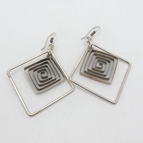 STERLING SILVER MEXICO OPENWORK GEOMETRIC SPIRAL DANGLE HOOK EARRINGS 2.5" (1 of 2)