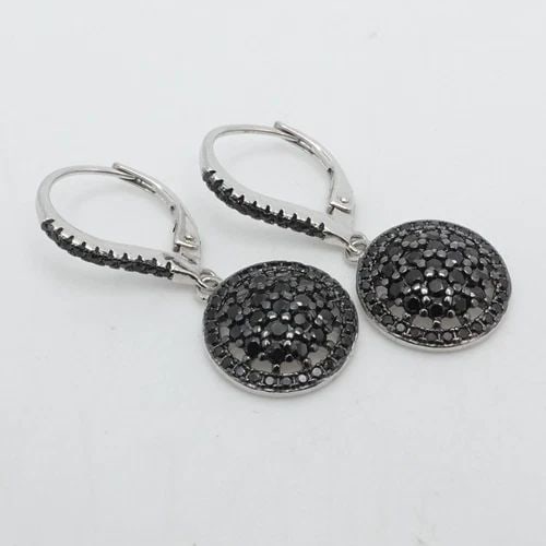 STERLING SILVER CIRCLE PAVE BLACK GEMSTONE SMALL DANGLE EARRINGS 1.25" (1 of 2)