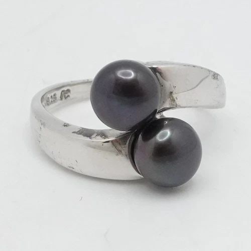 STERLING SILVER DOUBLE TAHITIAN CULTURED PEARL BYPASS RING SIZE 7.25 (1 of 2)