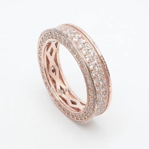 YGI STERLING SILVER ROSE GOLD PLATED PAVE CLEAR CUBIC ZIRCONIA BAND RING 7.25: YGI STERLING SILVER ROSE GOLD PLATED PAVE CLEAR CUBIC ZIRCONIA BAND RING 7.25 Signed YGI Sterling Silver Rose Gold Plated Clear Cubic Zirconia Pave Band Ring Size - 7.25 Band Width - 5mm Total Weight