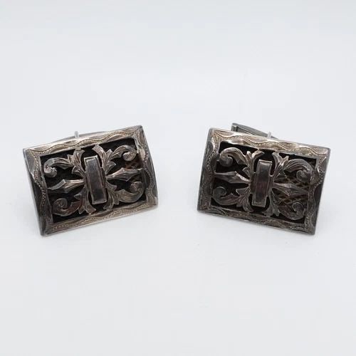 STERLING SILVER RECTANGLE ORNATE STYLE CUFFLINKS (1 of 2)