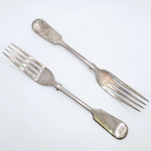 SH&S EP SILVER PLATED FLATWARE FIDDLE PATTERN FORK PAIR SET 8.25" - MONOGRAM (1 of 2)