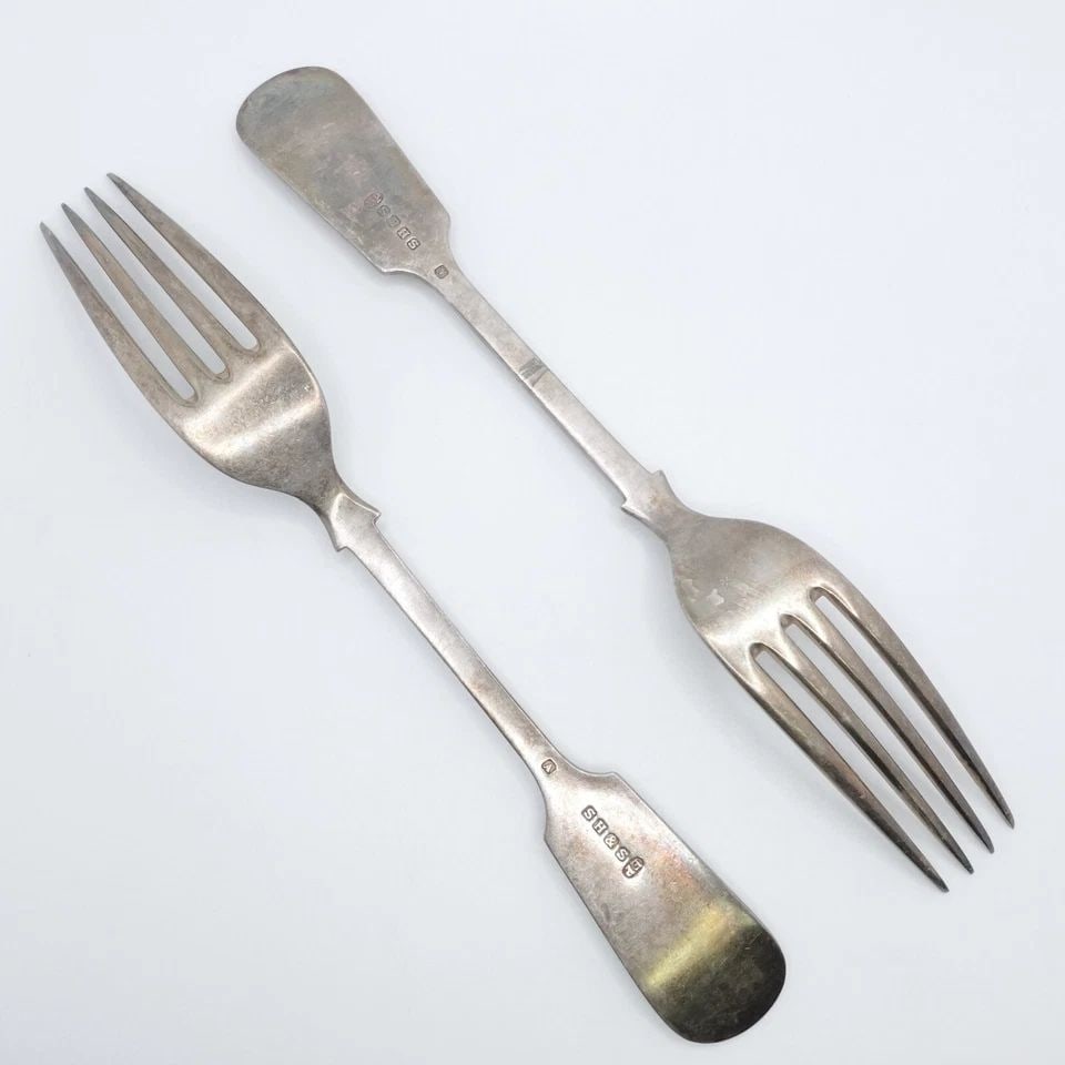 SH&S EP SILVER PLATED FLATWARE FIDDLE PATTERN FORK PAIR SET 8.25" - MONOGRAM - 2
