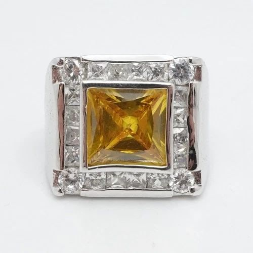 STERLING SILVER SQUARE CITRINE CLEAR CUBIC ZIRCONIA BOLD RING SIZE 9.75 (1 of 2)