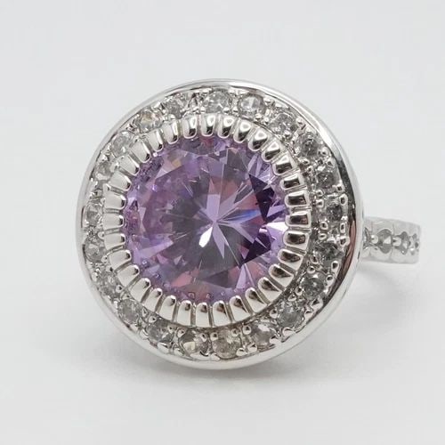 STERLING SILVER PURPLE & CLEAR CZ CUBIC ZIRCONIA ROUND BEZEL HALO RING SIZE 7.25 (1 of 2)