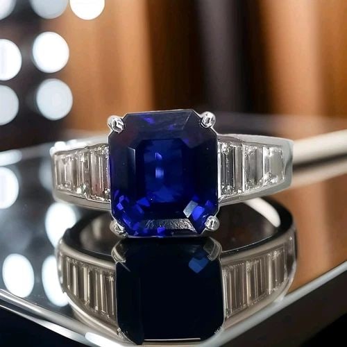 PLATINUM ENGAGEMENT RING 4.03CT. NATURAL BLUE SAPPHIRE EMERALD CUT AGL CERT (1 of 2)