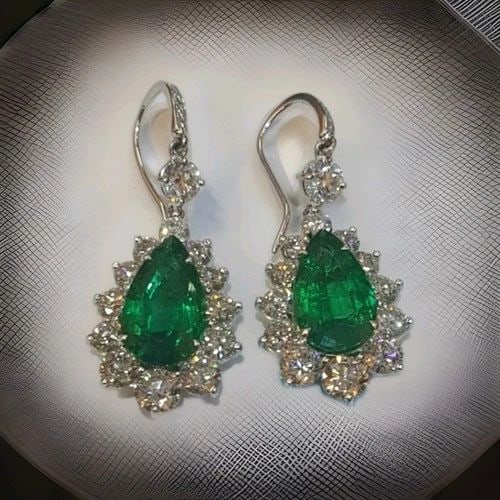 18K WHITE GOLD GREEN EMERALD & DIAMOND DROP EARRINGS – 10.83CT. (1 of 2)
