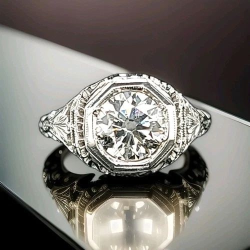 18K WHITE GOLD VINTAGE FILIGREE ENGAGEMENT RING 1.57CT. NATURAL EURO CUT DIAMOND: 18K WHITE GOLD VINTAGE FILIGREE ENGAGEMENT RING 1.57CT. NATURAL EURO CUT DIAMOND Stunning Vintage Art Deco filigree euro cut round natural Diamond 18k white gold engagement ring circ 1930's center nat