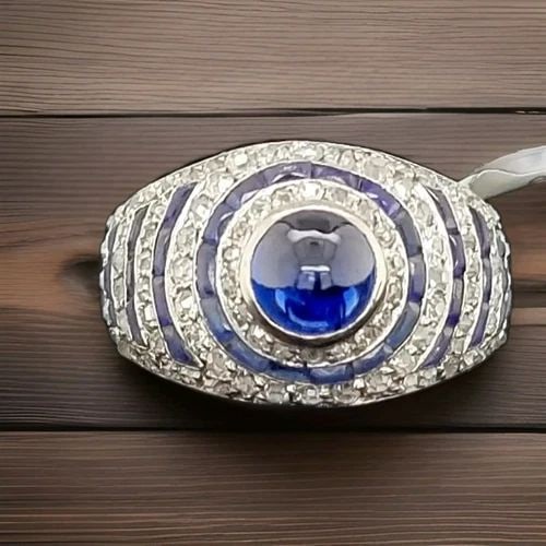 VINTAGE PLATINUM ART DECO RING 3.45CT. NATURAL BLUE ROUND SAPPHIRE CABOCHON (1 of 2)