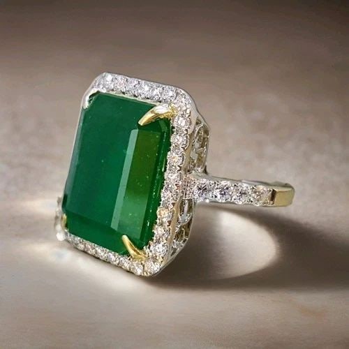 VINTAGE 18K GOLD ENGAGEMENT RING 9.16CT. NATURAL GREEN EMERALD RECTANGULAR CUT: GORGEOUS 18K WHITE GOLD RING 10.16CT. NATURAL GREEN EMERALD GORGEOUS 18K WHITE GOLD natural green emerald in Emerald shape weight 9.18ct. size 15.5X12mm very nice rich green color nice luster very liv