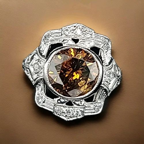 PLATINUM ART DECO FILIGREE RING 3.22CT. NATURAL CHAMPAGNE DIAMOND CIRC 1930'S: 3.22CT. PLATINUM ART DECO FILIGREE RING NATURAL CHAMPAGNE DIAMOND CIRC 1930'S Gorgeous art deco filigree Platinum ring center natural round champagne Diamond weight 3.22ct.SIZE 9.4mm I1 clarity , very
