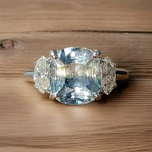 VINTAGE 14K WHITE GOLD ENGAGEMENT RING 5.14CT.UNTREATED TEAL SAPPHIRE CUSHION: VINTAGE 14K WHITE GOLD ENGAGEMENT RING 5.14CT.UNTREATED TEAL SAPPHIRE CUSHION GORGEOUS vintage 14k white gold engagement ring natural sapphire in cushion shape ,center set natural seafoam sapphire in 