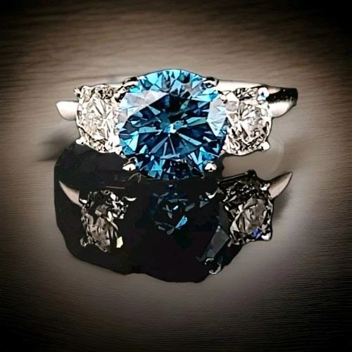 VINTAGE 14K WHITE GOLD 2.57CTW BLUE & WHITE DIAMOND THREE STONE RING SZ 6 (1 of 2)