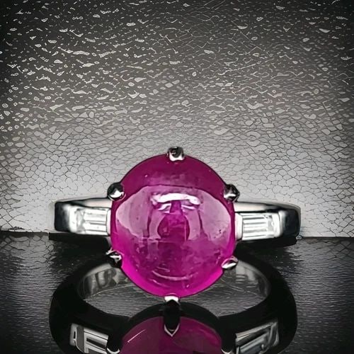 VINTAGE PLATINUM ENGAGEMENT RING 5.92CT. NATURAL CABOCHON ROUND RUBY: VINTAGE PLATINUM ENGAGEMENT RING 5.92CT. NATURAL CABOCHON ROUND RUBY Gorgeous Vintage platinum ring, center natural ruby in cabochon shape weight 5.50ct. Transparency stone, nice cut, lively, Nice red