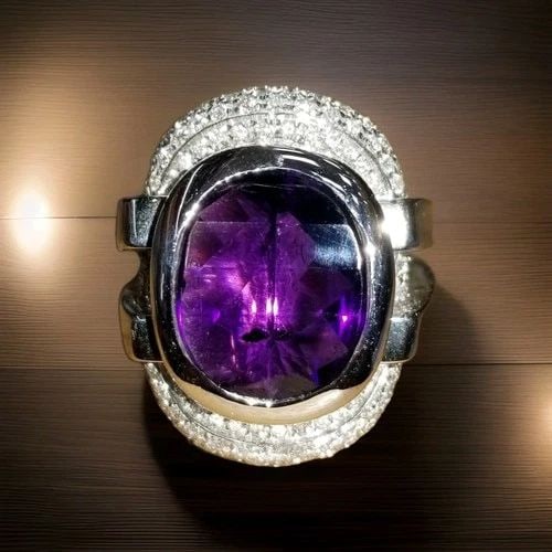 RECARLO ITALIA DESIGN 18K WHITE GOLD RING WITH NATURAL AMETHYST 12.05CT: RECARLO ITALIA DESIGN 18K WHITE GOLD NATURAL AMETHYST RING 12.05CT GORGEOUS Recarlo Italian design 18k WHITE GOLD natural amethyst ring center cushion rose cut natural amethyst weight 12.05ct size 15x