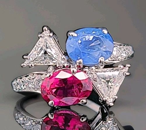 PLATINUM VINTAGE DIAMOND RING 4.61CT.NATURAL BLUE SAPPHIRE PINK TOURMALINE: PLATINUM VINTAGE DIAMOND RING 4.31CT.NATURAL BLUE SAPPHIRE PINK TOURMALINE This Platinum Vintage Diamond Ring features a stunning oval-shaped natural blue sapphire and pink tourmaline as the main ston
