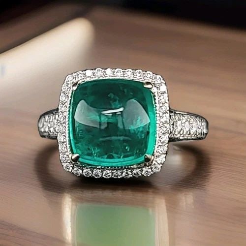 14K WHITE GOLD ENGAGEMENT RING 5.52CT. GEM GREEN EMERALD CABOCHON SHAPE: 14K WHITE GOLD ENGAGEMENT RING 5.52CT. GEM GREEN EMERALD CABOCHON SHAPE GORGEOUS 14K WHITE GOLD ring gem green lab grown emerald cushion cabochon shape emerald weight 5.52ct. size 9x9mm very nice rich