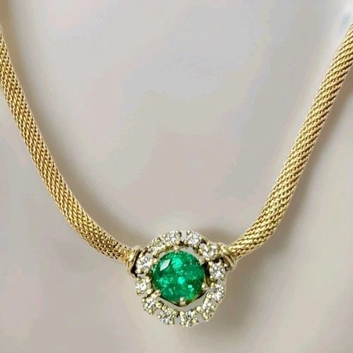 VINTAGE 14K YELLOW GOLD 1.25CT NATURAL GREEN EMERALD & 0.65CT DIAMOND NECKLACE (1 of 2)