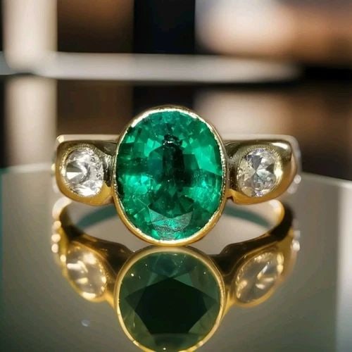 VINTAGE 18K YELLOW GOLD ENGAGEMENT RING 3.14CT.LAB GROWN GREEN EMERALD OVAL: VINTAGE 18K YELLOW GOLD ENGAGEMENT RING 3.14CT. GREEN COLOMBIA EMERALD OVAL CUT This vintage engagement ring is a treasure to behold. Crafted from 18k yellow gold, this beautiful ring features a stunn