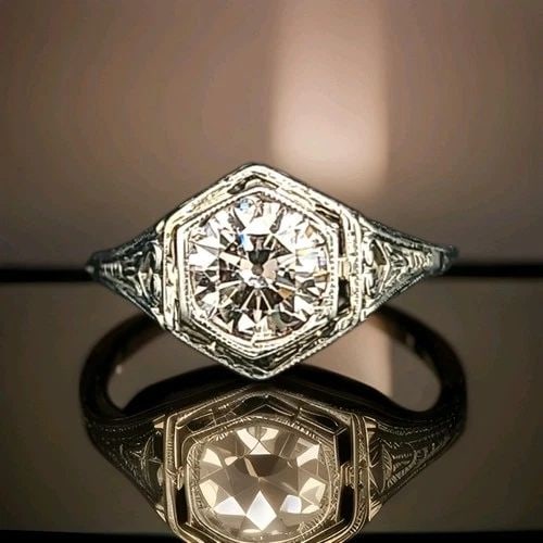 18K WHITE GOLD VINTAGE ENGAGEMENT RING 1.10CT.EURO CUT ROUND CHAMPAGNE DIAMOND: 18K WHITE GOLD VINTAGE ENGAGEMENT RING 1.10CT.EURO CUT ROUND CHAMPAGNE DIAMOND Gorgeous Vintage 18k white gold Engagement ring filigree art deco round euro cut natural light champagne Diamond circ 193
