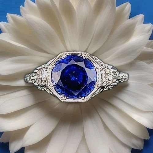 PLATINUM VINTAGE ART DECO ENGAGEMENT RING 2.35CT. GEM BLUE SAPPHIRE ROUND SHAPE (1 of 2)