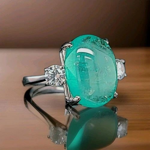 VINTAGE PLATINUM ENGAGEMENT RING 8.16CT.NATURAL COLOMBIA GREEN EMERALD CABOCHON (1 of 2)
