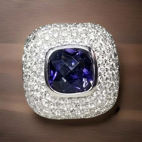 18K WHITE GOLD AMETHYST RING 4.23CT NATURAL PURPLE BEZEL SETTING STATEMENT: 18K WHITE GOLD NATURAL AMETHYST RING 4.23CT GORGEOUS 18k WHITE GOLD natural amethyst ring center cushion natural amethyst weight 4.23ct size 10mm stone very lively ,very nice cut ,clean and gorgeous c