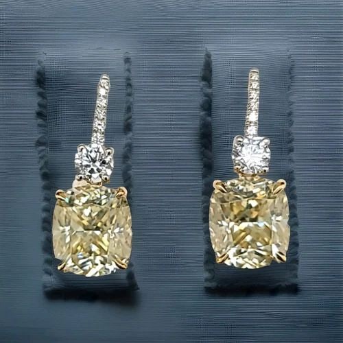 14K WHITE YELLOW GOLD LAB GROWN YELLOW DIAMOND DROP EARRINGS 12.30CT CUSHION CUT (1 of 2)