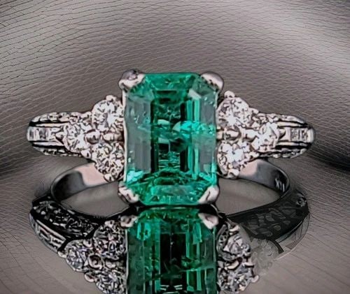 14K WHITE GOLD ENGAGEMENT RING – 1.47CT. NATURAL GREEN EMERALD & DIAMOND (1 of 2)